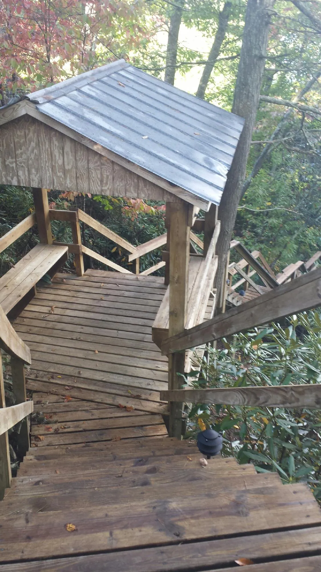 Metal roofed shelter over wooden steps on a wooded walkway — Skylight Repair & Installation work by our crew in Elkland